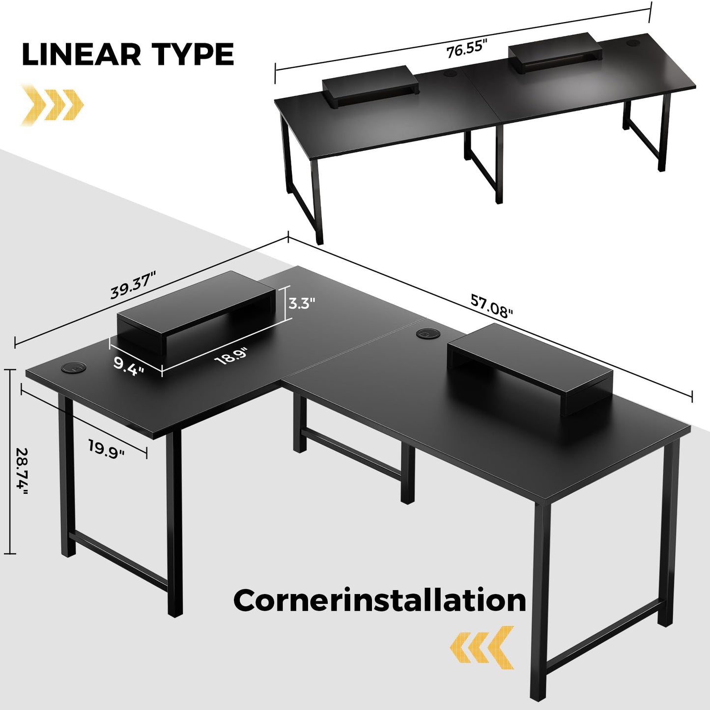 GTRACING L Shaped Gaming Desk 57", Reversible Computer Desk Compatible with Monitor Arm Corner Desk Gaming Table for Home Office Desks Easy to Assemble Ergonomic Corner Table with Durable Steel Frame