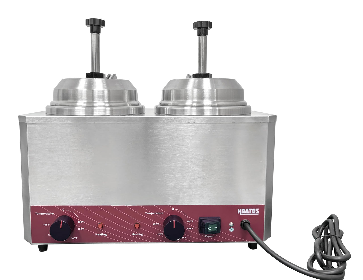 Kratos Commercial Hot Topping Dispenser with 2-Heated Spout and Pump for Cheese, Hot Fudge, Caramel, 3.5 Quart Capacity Stainless Steel, Accepts #10 Cans. 120V, 1100 Watts (29M-042)