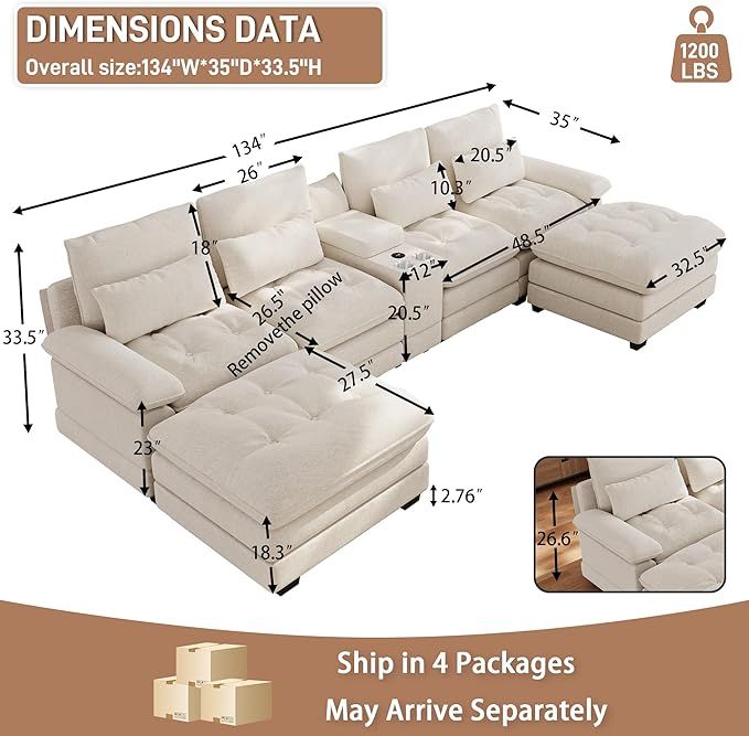 BEQAI 134"U Shaped Sectional Couches for Living Room, Oversized Modular Sectional Fluffy Couch with 2 Ottoman & Storage Console,Modern 6 Seat Living Room Sofa with Glitter Fabric,Tufted Buttons, Beige