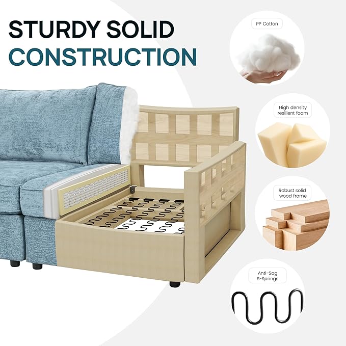 FIRLZY Modular Sectional 4 Seater Sofa with Removable Covers and Storage, Convertible L-Shaped and Sleeper Sectional, Modern Upholstered Couch with Removable Ottoman for Living Room, Blue