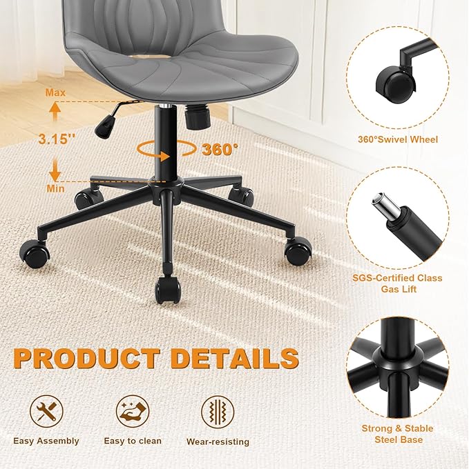 VATROS Office Chair, Armless Desk Chair with Wheels, Ergonomic Comfy Home Office Computer Task Chairs, Faux Leather Padded Cute Vanity Chair, Adjustable Height Swivel Chair with Back,Gray