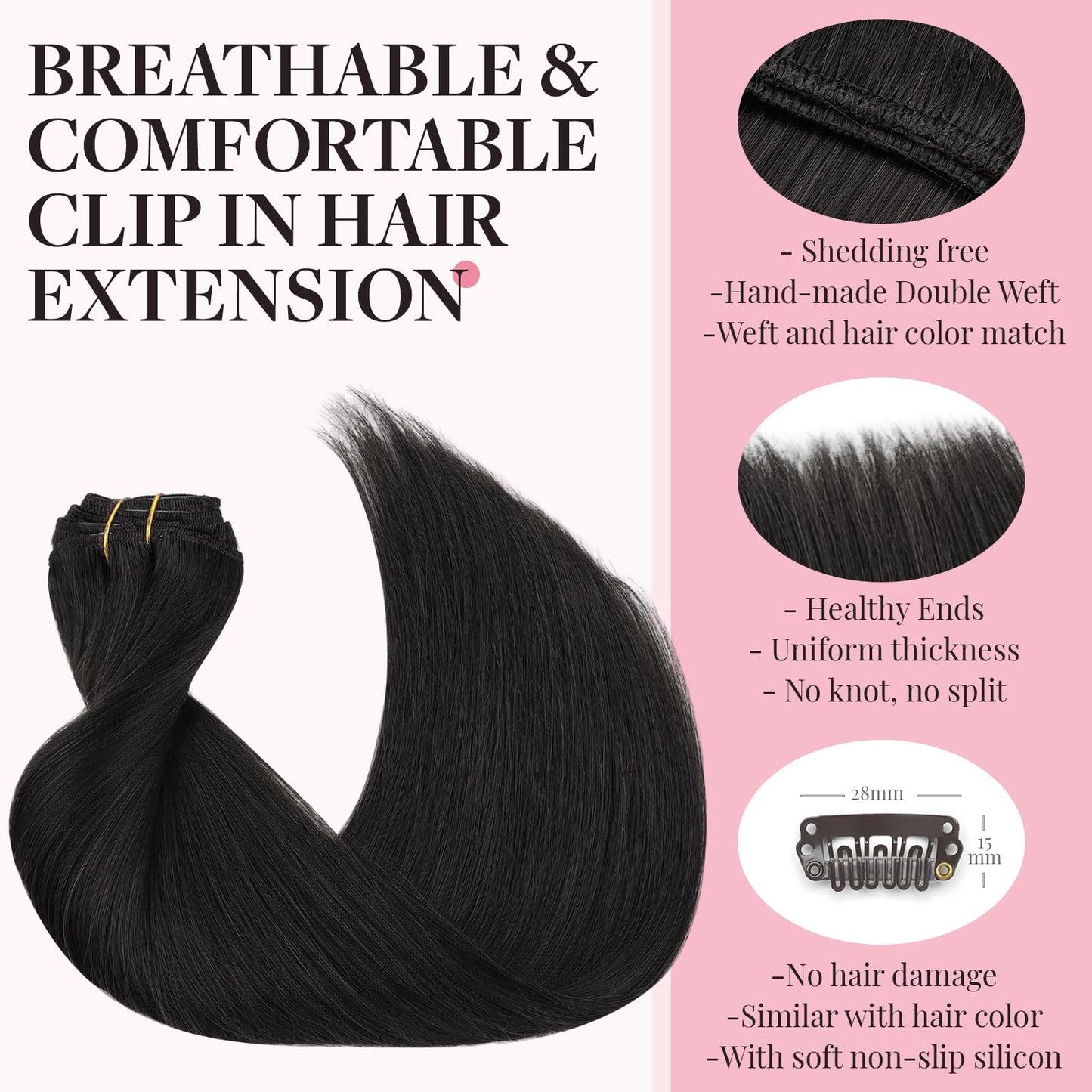 MAXITA Clip in Hair Extensions Real Human Hair, 20 Inch Natural Black 7pcs 120g, Remy Human Hair Extensions Clip in Real Hair Ex