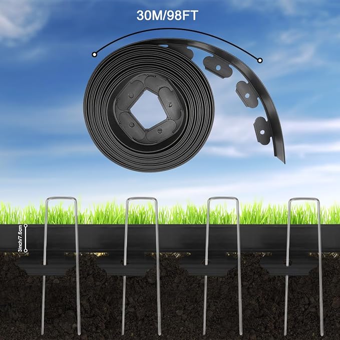 Garden Edging, 98FT Plastic Landscape Edging with 150 Pcs Metal Spikes, 3 Inch Tall Flexible Tool-Free Lawn Edging for Flower Bed, Yard, Paving, Pathway