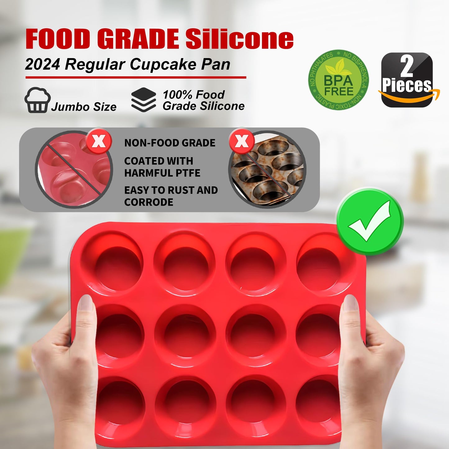 keliwa 2PCS Thicken-12 Cup Silicone Muffin Pan - Cupcake Baking Pan Great for Making Muffin Cakes, Tart, Bread -Non - Stick Silicone Mold/Dishwasher - Microwave Safe