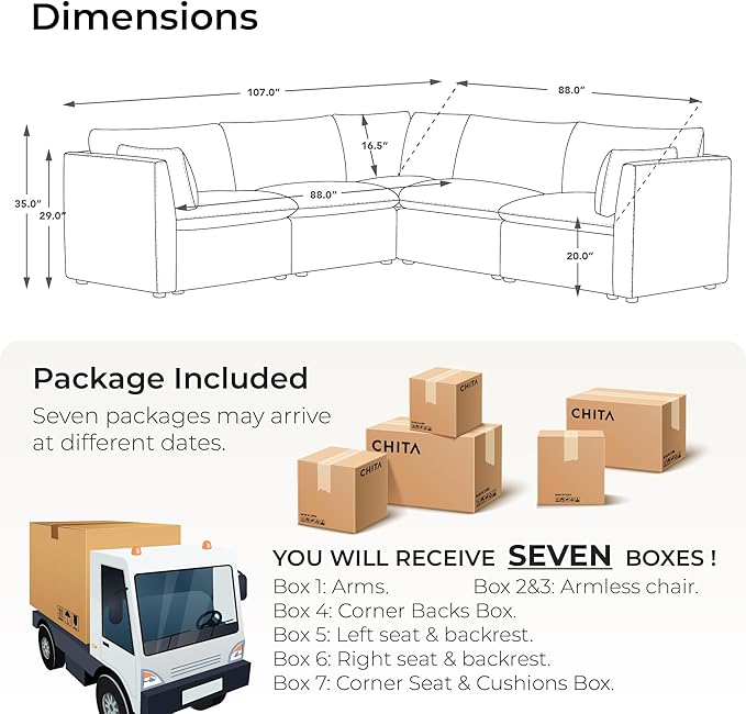 CHITA Luxury Oversized V-Shaped Sectional Modular Sofa, Premium Down Filled Cloud Couch, FSC Certified, 107''Width, 6 Seat and 1 Middle Corner for Living Room, Cream