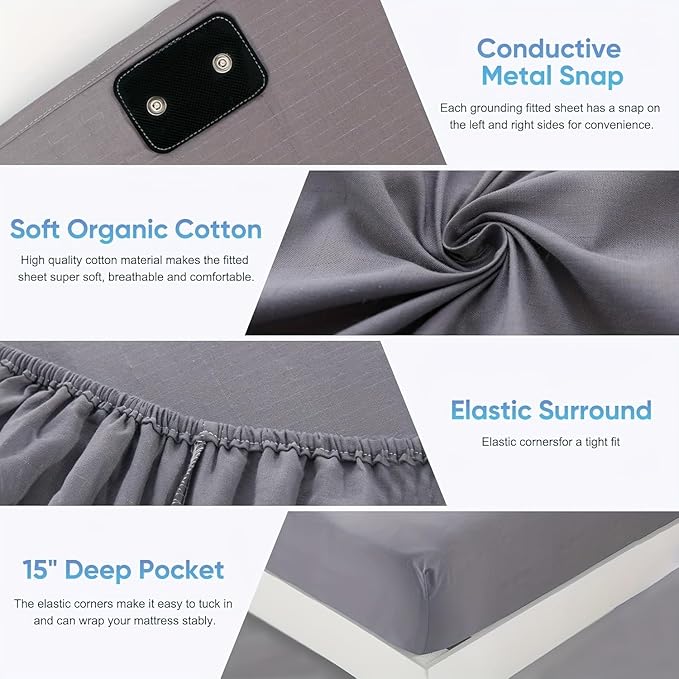 Grounding Sheets, 95% Organic Cotton + 5% Silver Fiber, Earth Connected Fitted Sheet with Grounding Cord (Beige, King)
