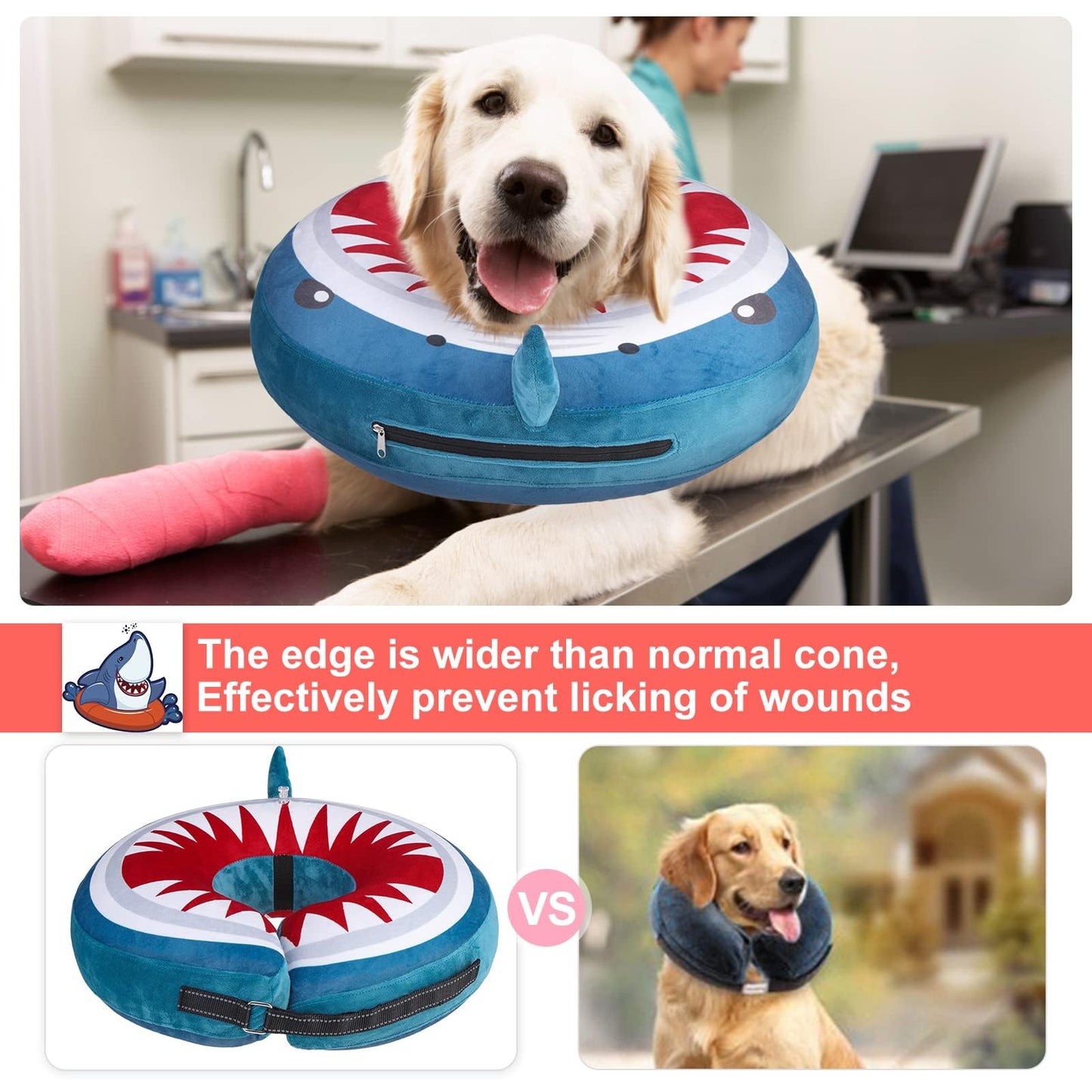 BEAUTYZOO Dog Cone Alternative After Surgery for Large Medium Small Dogs, Soft Inflatable Cone Collar for Dogs Cats, Pet Neck Donut E Collar Dog Recovery Collars to Stop Licking, Shark Blue, L
