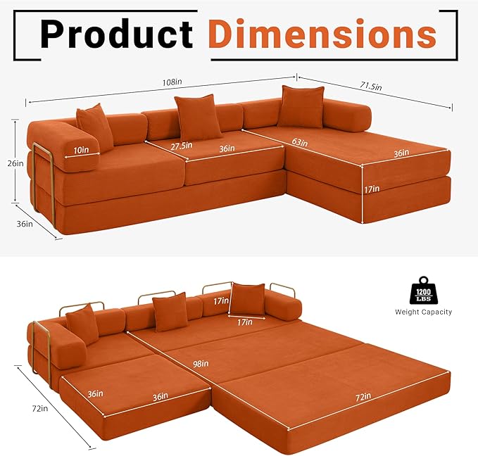 108" Oversized Convertible Sleeper Sofa Bed, Corduroy L Shape Sectional Couch, Folding Sofa Bed with Fixed-Shape Frame, Modern Cloud Floor Mattress Couch, Modular Sofa for Living Room, Orange