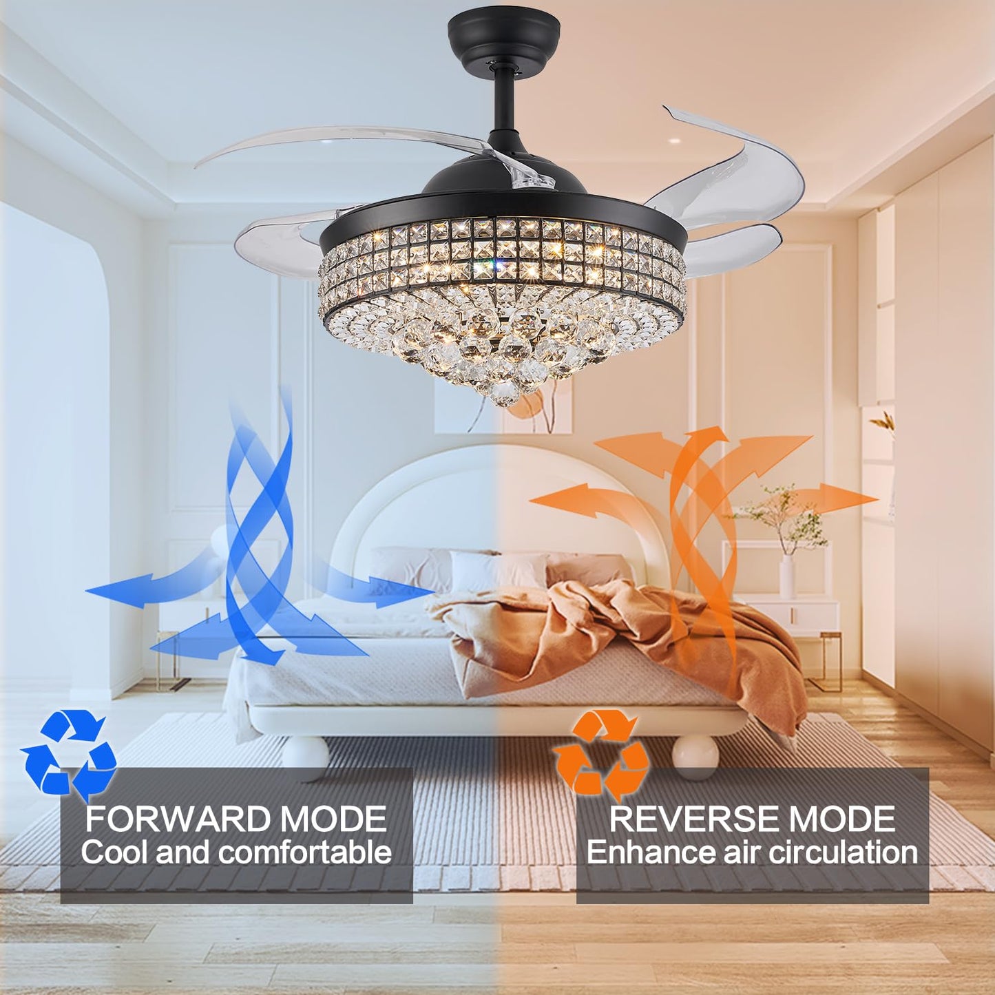 Trsiopfc 52 Inch Dimmable Crystal Fandelier Ceiling Fans With Light,Chandelier Fan With Remote Control For Bedroom/Living Room,P