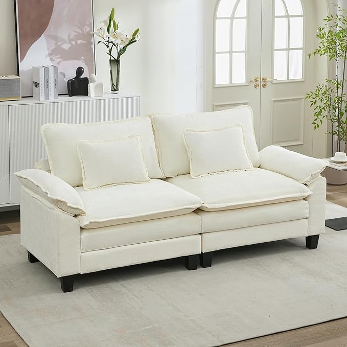 URRED Modular Sectional Sofa Comfy Cloud Couch, Modern Chenille Sofa Sleeper Deep Seat Couches with Ottoman/Pillows for Living Room (White, 82.6'')