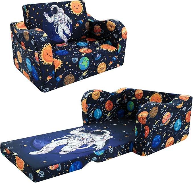 MeMoreCool Folding Kids Couch – 2-in-1 Toddler Sofa Bed & Lounge Chair | Astronaut Print | Fold-Out Design | Washable Cover | Ages 1–3