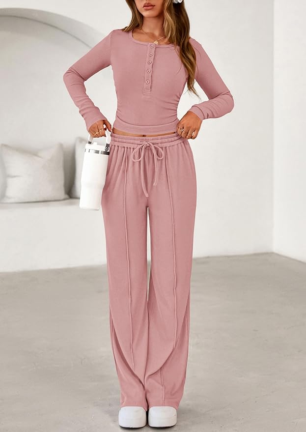 PRETTYGARDEN Women's 2026 Fall Trendy 2 Piece Outfits Lounge Sets Long Sleeve Top Henley Shirts Wide Leg Pants Travel Clothes