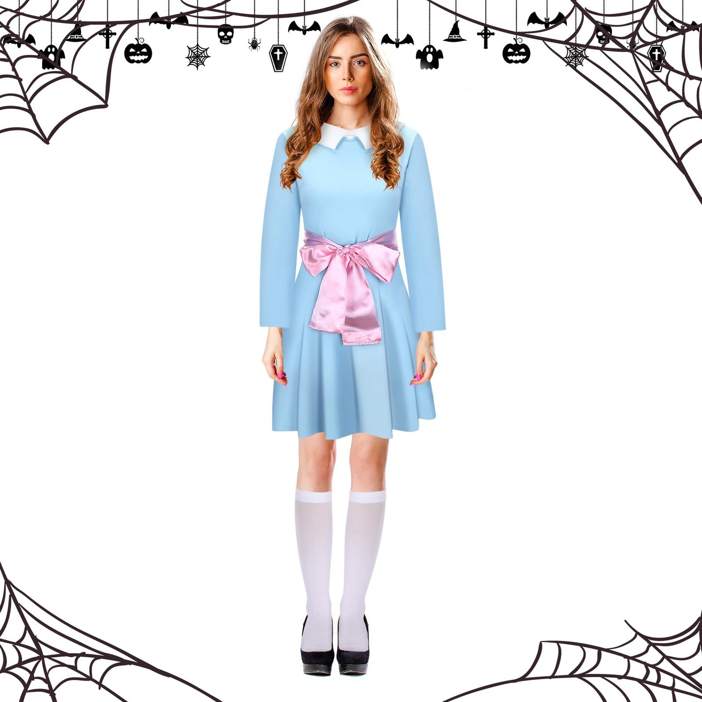 Leumoi 6 Pcs Halloween Adult Twin Costumes Blue Twin Dress Tube Socks with Pink Silky Ribbon for Women Cosplay Party(Small)