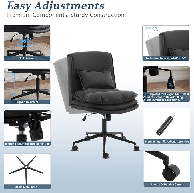 VINGLI Cloud Criss Cross Legged Chair,18" High Back Armless Home Office Desk Chair with Wheels,Wide Adjustable Comfy Padded Seat Task Computer Chair,Modern Swivel Makeup Vanity Chair,Microfiber,Black