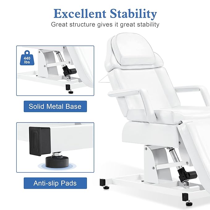 BarberPub Fully Electric Facial Bed with 3 Motor for Esthetician, Electric Tattoo Chair for Client, Facial Bed for Esthetician, Electric Adjustment 2751 (White, Height (Flat): 24"–33")