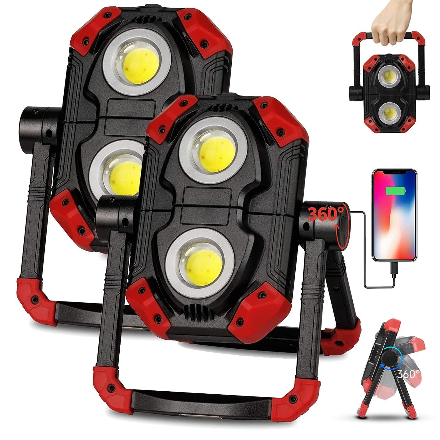 Yzoni 2 Pack LED Work Light Rechargeable, 2 COB 2500LM Folding Portable Flood Light with Magnetic Base and 360° Rotation Stand, Spotlights for Camping Car Repairing Emergency Job Site Lighting