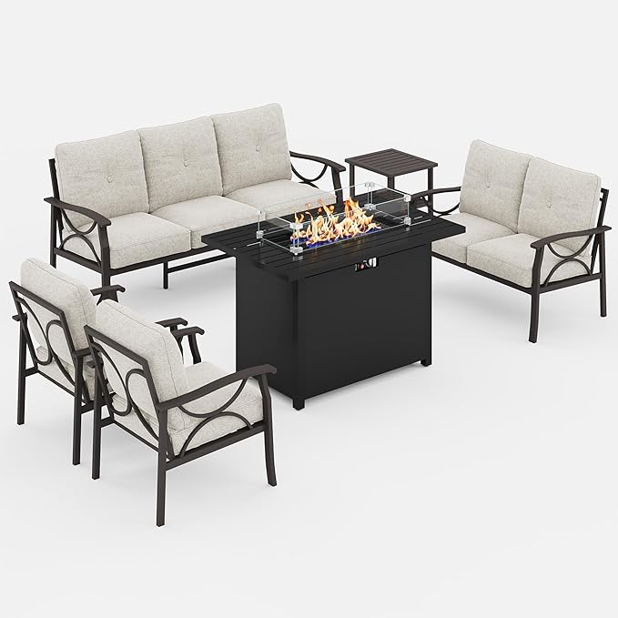 FansaFurn 6-Pieces Outdoor Patio Furniture Set with 43" Fire Pit Table, Outdoor Metal Sectional Sofa with Cushions, Outdoor Conversation Set for Garden, Balcony, Deck, Backyard, Khaki