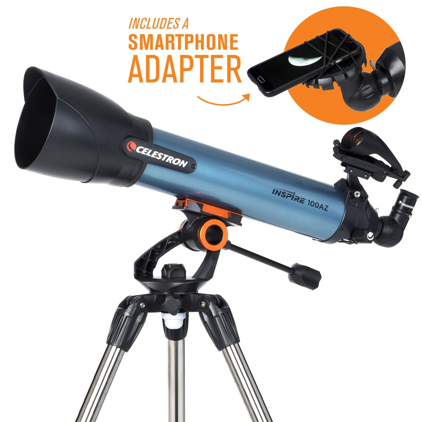 Celestron Inspire 100AZ Refractor Telescope with Built-in Smartphone Adapter, Blue