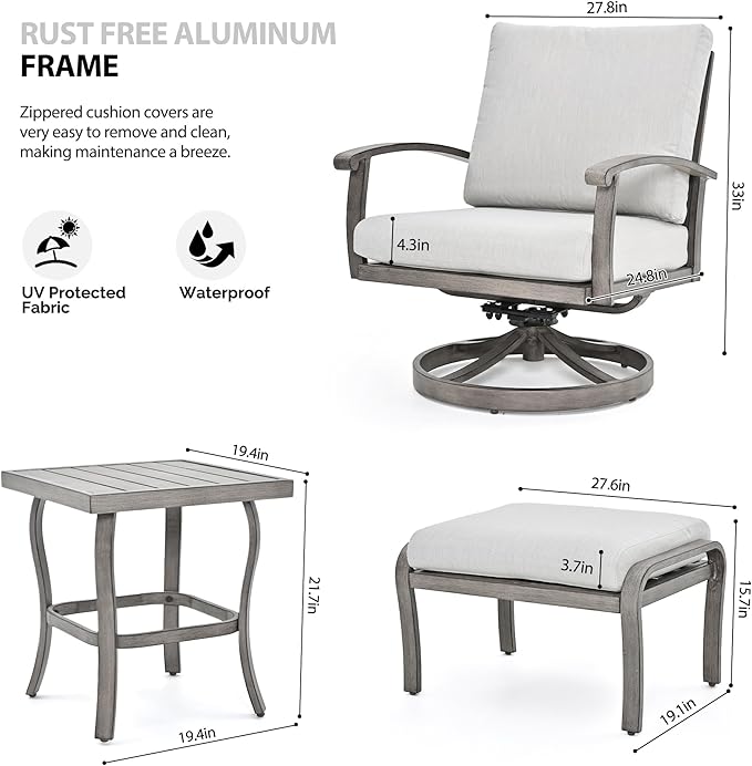 HAPPATIO 5 Piece Aluminum Outdoor Patio Furniture Set, Swivel Rocker Patio Chairs with Ottomans and Side Table, Balcony Furniture, Patio Conversation Set for Porch Garden (Gray)
