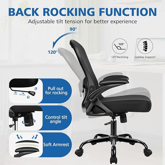 Winrise Office Desk Chair, Ergonomic Breathable Mesh Computer Chair Home Office Desk Chairs with Adjustable Lumbar Support & Flip-up Arms (Black, 2 Pack)