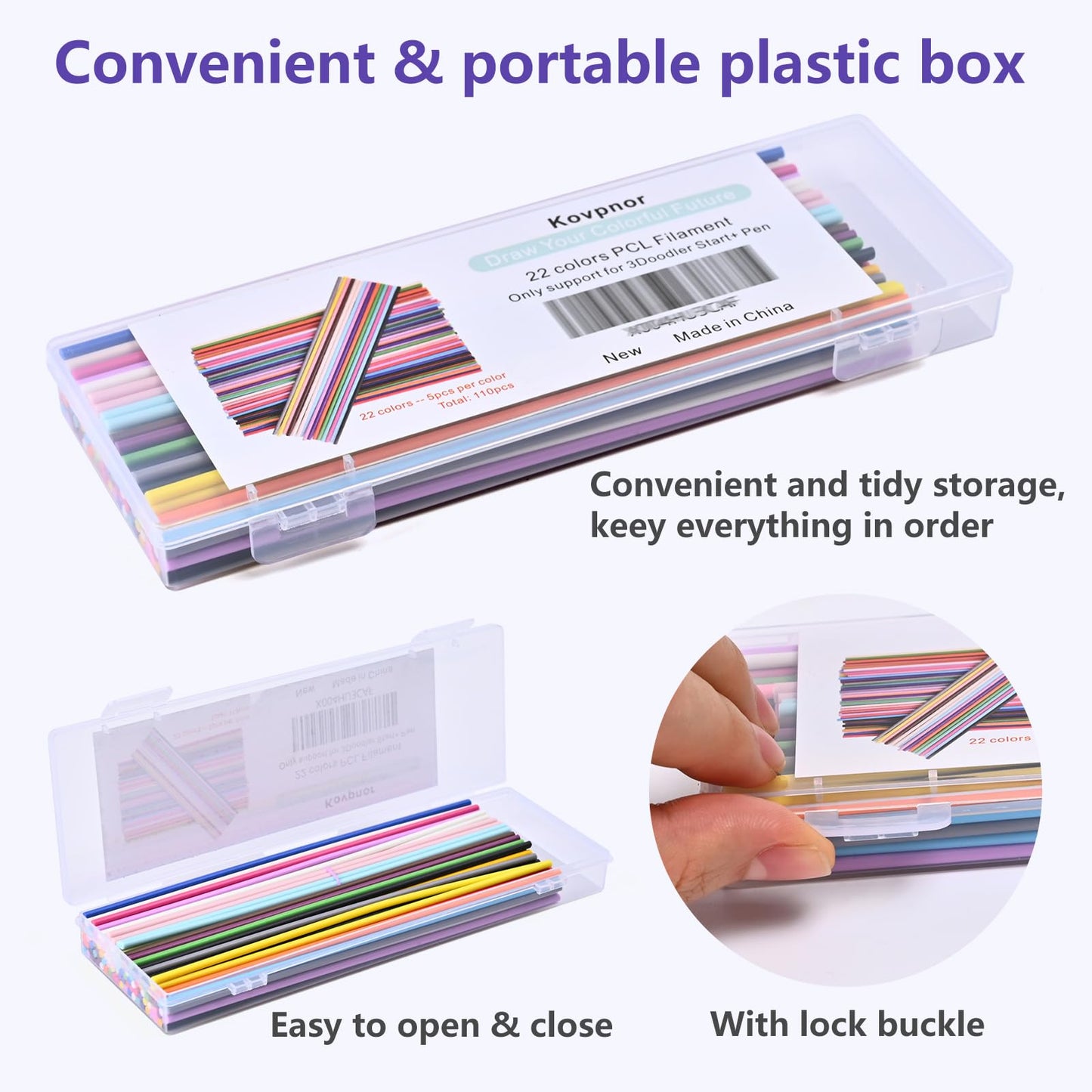 22 Colors 3D Printing Filament Refill for 3Doodler Start+ 3D Pen, Safe Low Print Temperature PCL Filament 2.5mm Thick, Premium 110pcs Total 1650cm Refill Pack Only Fit for 3Doodler Start+ Pen