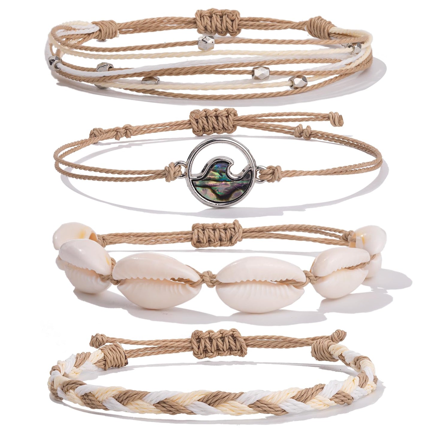 FANCY SHINY Wave String Bracelets Braid Puka Shell Bead Bracelets Handmade Cute Trendy Boho Abalone Jewelry Gifts for Women(Sand