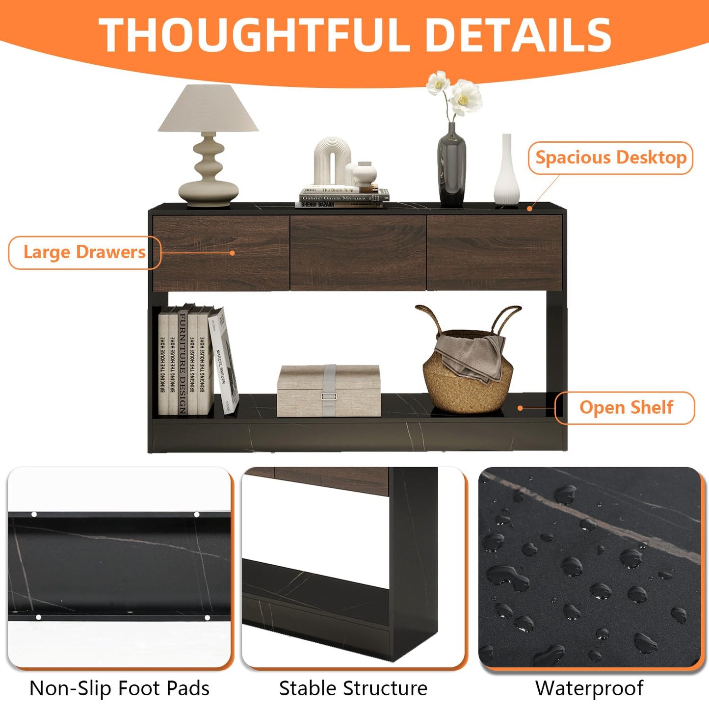 LAZZO 51" Long Console Table 3 Drawers Entryway Sofa Table with Storage and Open Shelf Behind Couch for Living Room, Foyer, Hallway, Entry Black and Office Marble Black and Brown