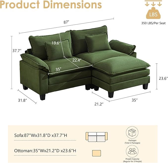 URRED Cloud Couch Modular Sectional Sofa, 87" Modern L Shaped Deep Seat Sofa with Ottoman & Pillows, Ultra Comfy Corduroy Couches for Living Room, Bedroom or Apartment, Green