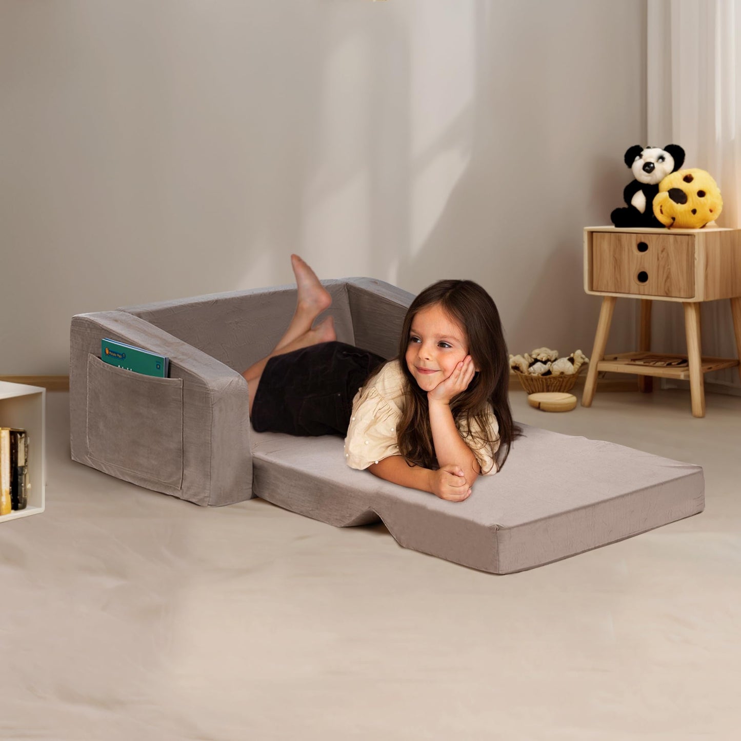 Deppon Kids Couch, Extra Wide 2-in-1 Toddler Sofa Convertible Fold Out to Lounger Bed for Girls and Boys, Apricot