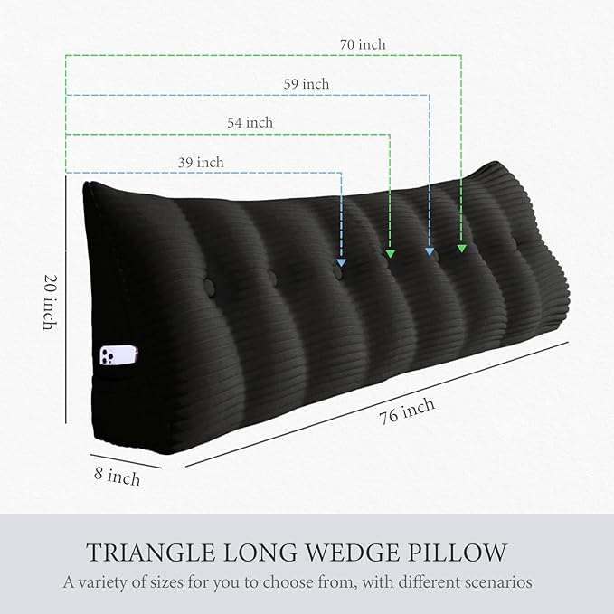 Wedge Headboard Pillow Dorm Room Reading Pillow Back Support for Sitting Up in Bed Bolster Lumbar Cushion Body Positioning Bedrest Corduroy (Black, Twin (39 * 8 * 20in))