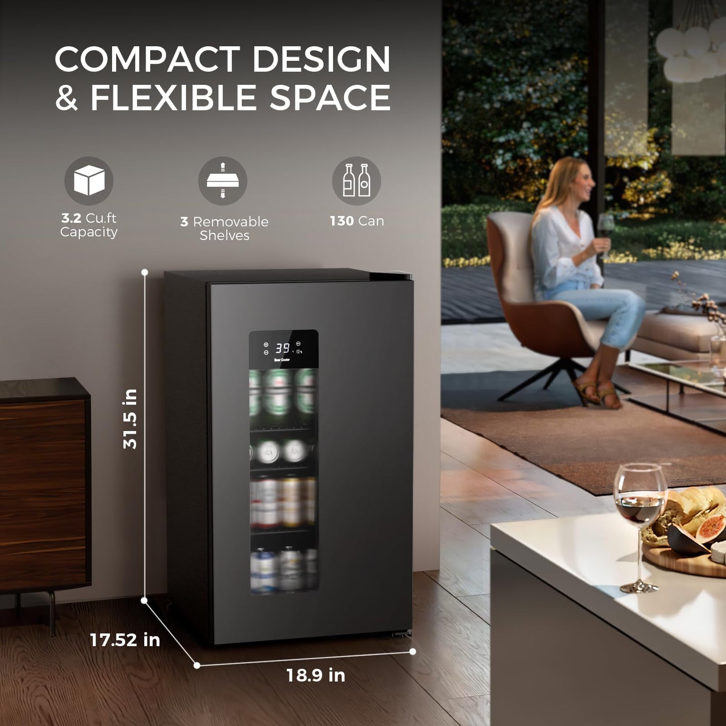 Kismile 3.2 Cu.Ft Beer Fridge, Auto Defrost Mini Fridge with Electronic Control, LCD Display and Adjustable Temperature for Home, Dorm, Office