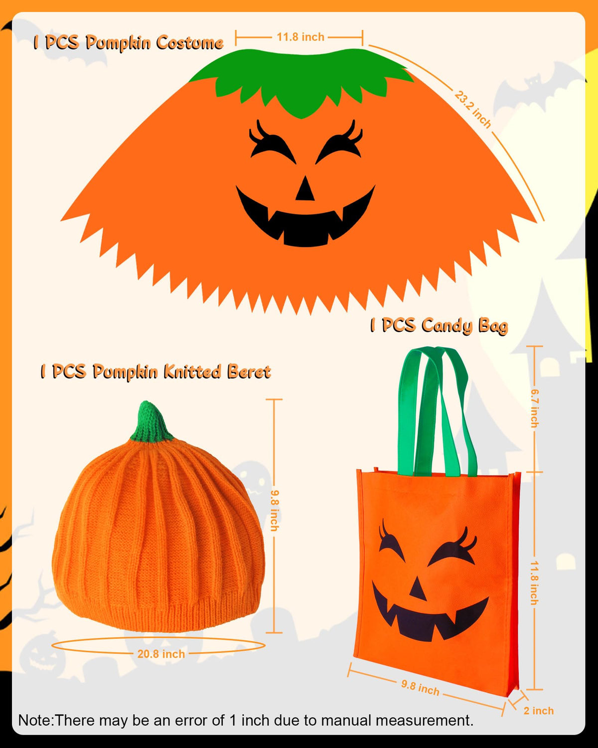 CONGRU 3 PCS Pumpkin Costume for Women Adults, Poncho With Beret and Candy Bag, Halloween Costume