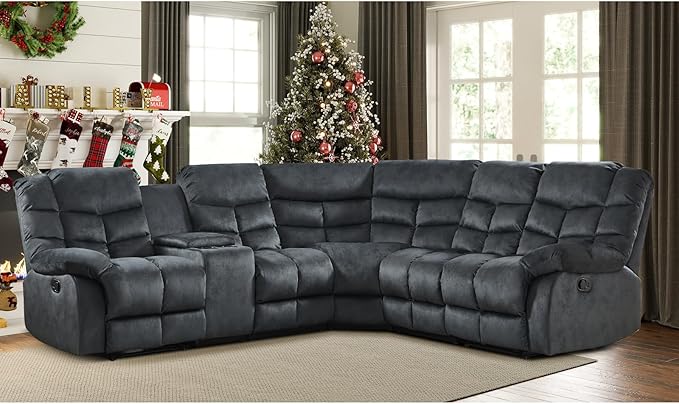 EBELLO Manual Reclining Sectional Sofa Set for Living Room, Soft Fabric Recliner Corner Sectional Couch with Center Console, Cup Holder and Storage, Grey