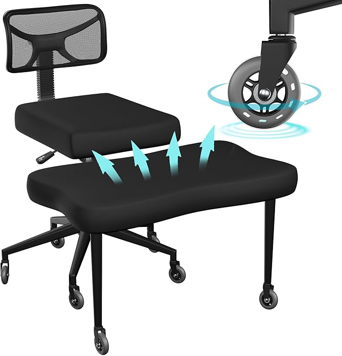 Cross Legged Office Chair with Rubber Wheels - Breathable Mesh Fabric - 360° Swivel ADHD Chair, Wider & Thicker Cushions for Meditation Chair, Criss Cross, and Kneeling