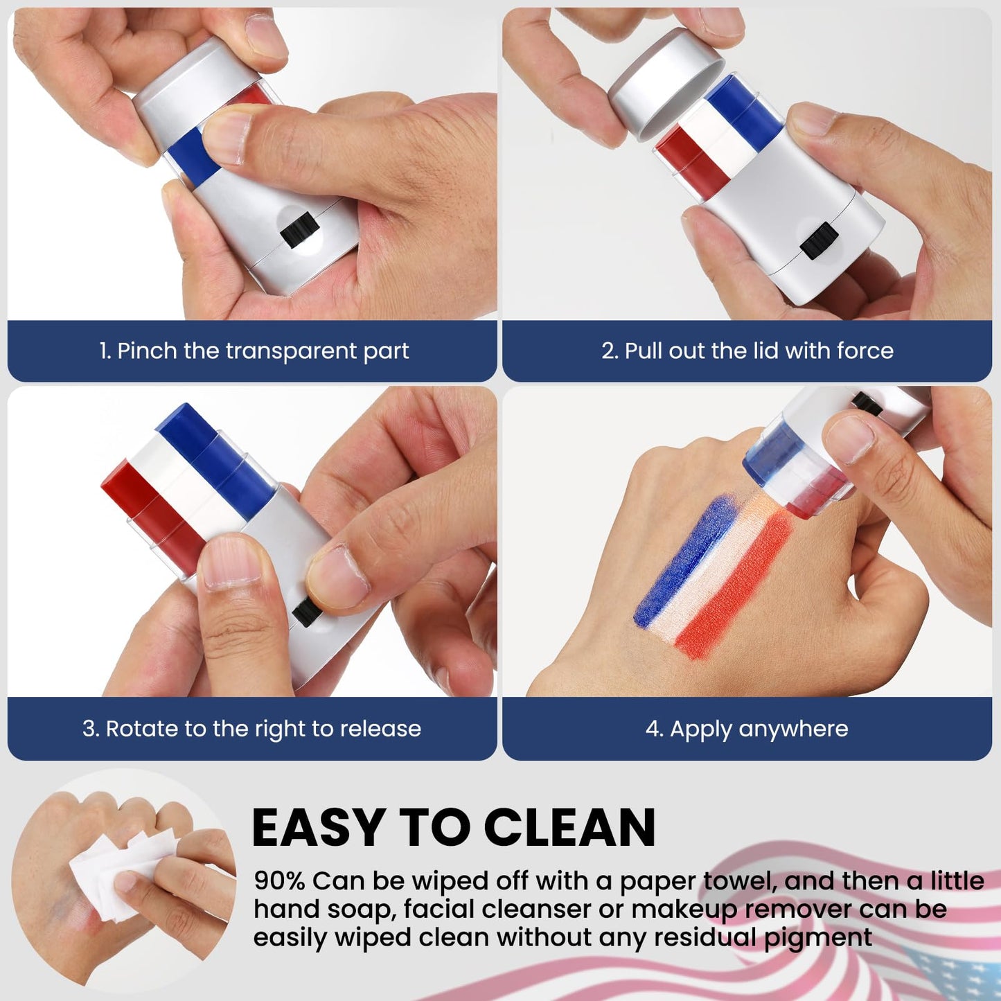 4PCS Red White and Blue Face Body Paint Sticks- Patriotic Pride 4th of July Accessories for Women, Eye-Black Stick Baseball Soft