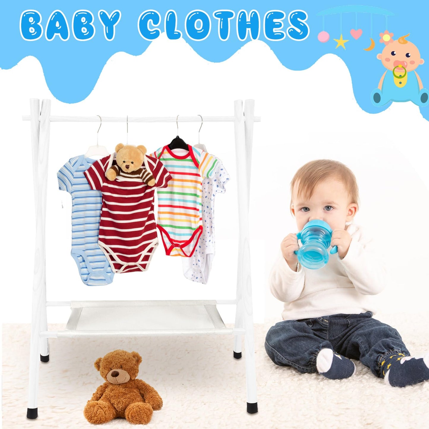 Queekay Baby Clothing Rack for Baby Shower Toddlers Wooden Kids Dress up Rack with Storage Shelf for Toddler Dogs Pets Small Clothes Kids Garment Closet(28.7" H, White)