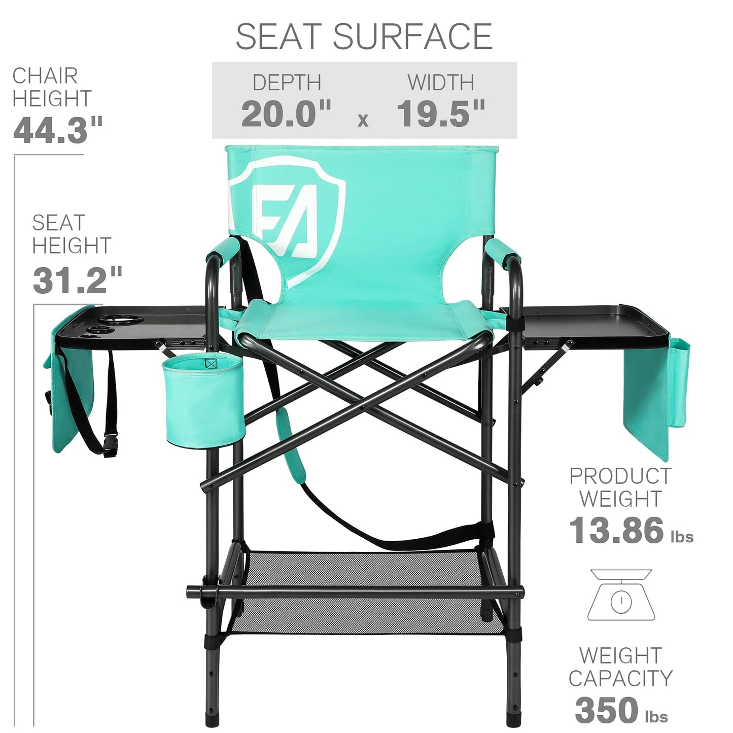 EVER ADVANCED 31" Tall Portable Makeup Artist Chair for Clients Directors Chair with Two Side Tables, Foldable Folding Chair for MUA, Craft Shows, Hair Stylist, Salons, Movie Sets 350LBS Green
