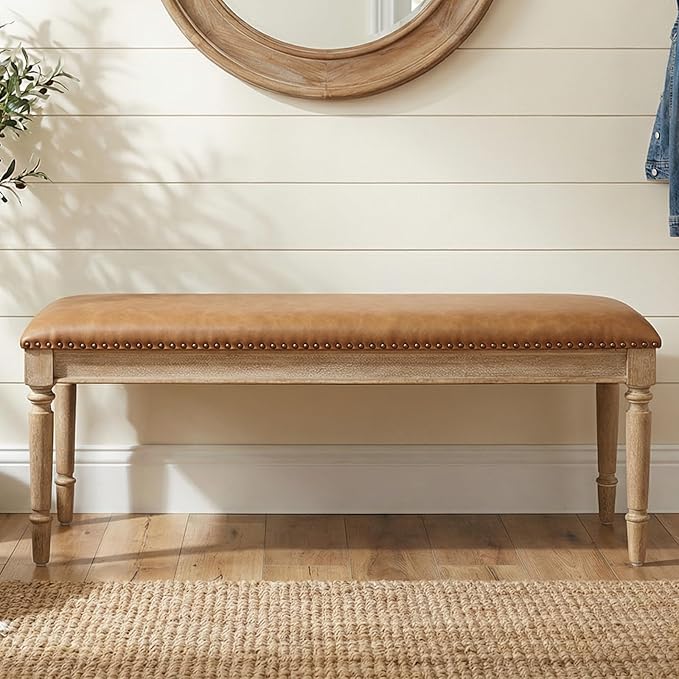 chairus Farmhouse Dining Bench 46" Wooden Entryway Bench with Padded Seat and Nailhead Trim for Kitchen Bedroom,Indoor and Hallway, Brown Leather
