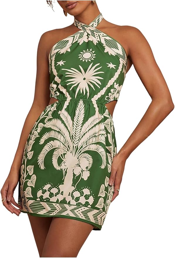 MakeMeChic Women's Boho Mini Dress Summer Beach Vacation Halter Dresses Floral Sundress