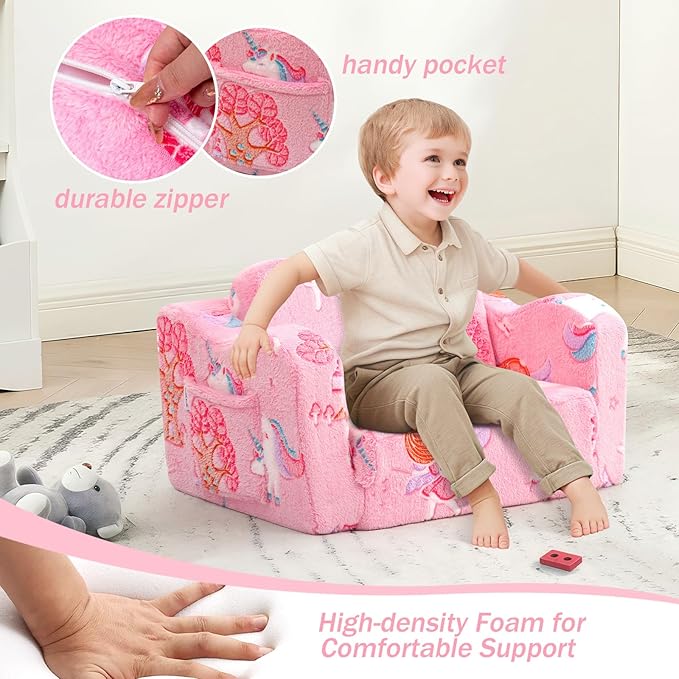 MeMoreCool Folding Toddler Chair, Glow-in-The-Dark Soft Plush Kids Fold-Out Couch Sofa, Comfy Baby Recliner for Girls and Boys (Pink Fairy)