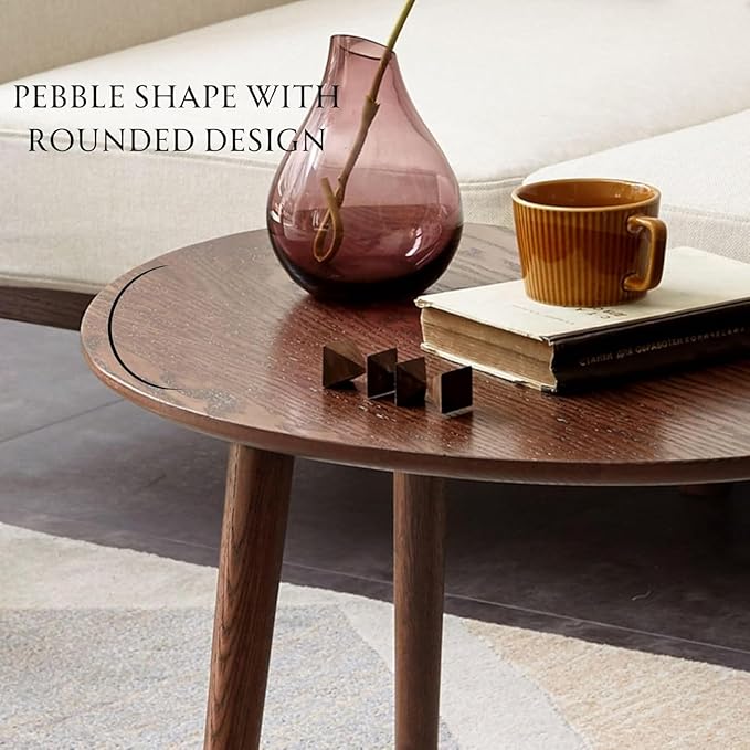 Wayshome 100% Solid Oak Wood Nesting Coffee Table,Mid Century Modern Oval Coffee Tables Set, Round Tables for Living Room, Pebble Side Table for Balcony (Walnut, Combine)