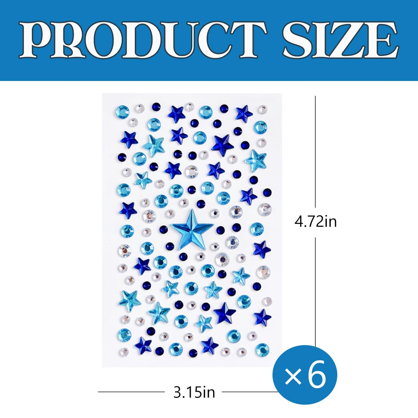 6 Sheets Blue Rhinestone Face Gems 4th of July Star Face Body Jewels Stickers Self-Adhesive Diamond Crystal Independence Day Par