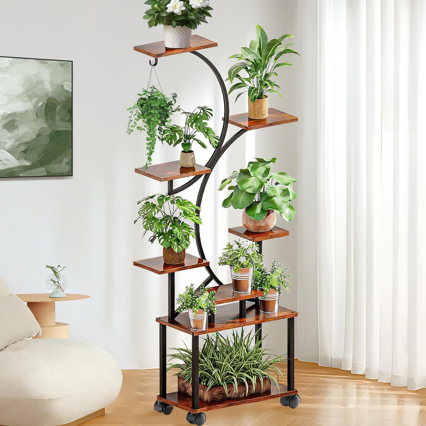 Indoor Plant Stand with Grow Lights ，Stylish S-Shaped Metal Rack for Multiple Indoor Holder Plants ，8-Tiered 62" Tall Plant Shelf for Home and Patio ，Perfect for Plant Lovers (Black-With roller)
