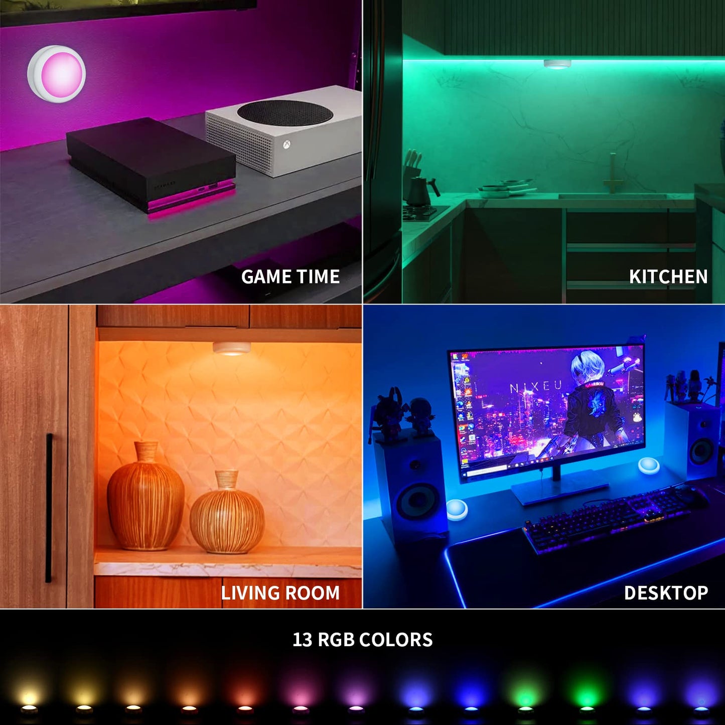 swesara Push Lights with Remote Puck Lighting Battery Operated Tap Lights Button Stick On Color Changing Led Lights 6 Pack (6P White)