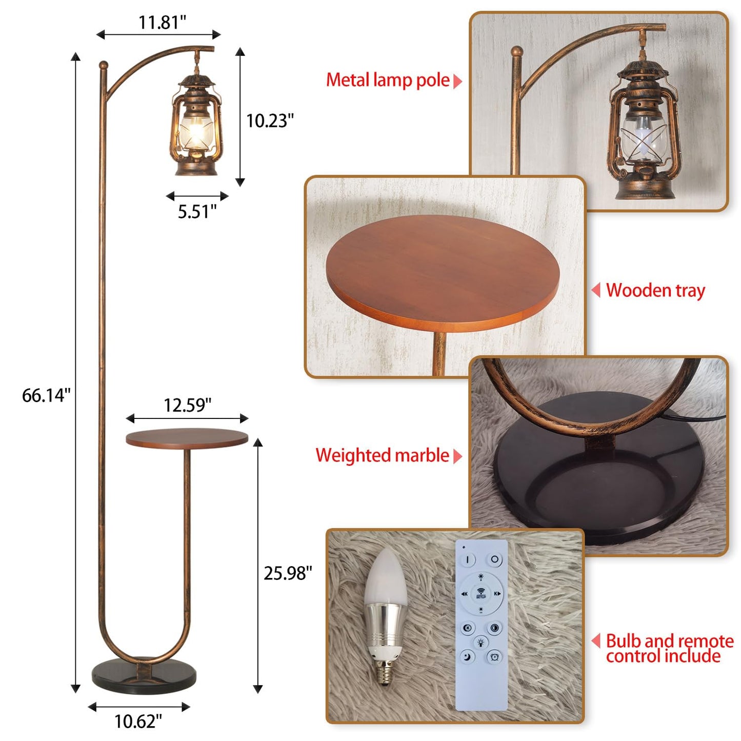 Hsyile Floor Lamp for Living Room Bedroom with Table and Shelves Retro Horse Lantern Floor Lamp Farmhouse Standing Lamp (Red Copper)