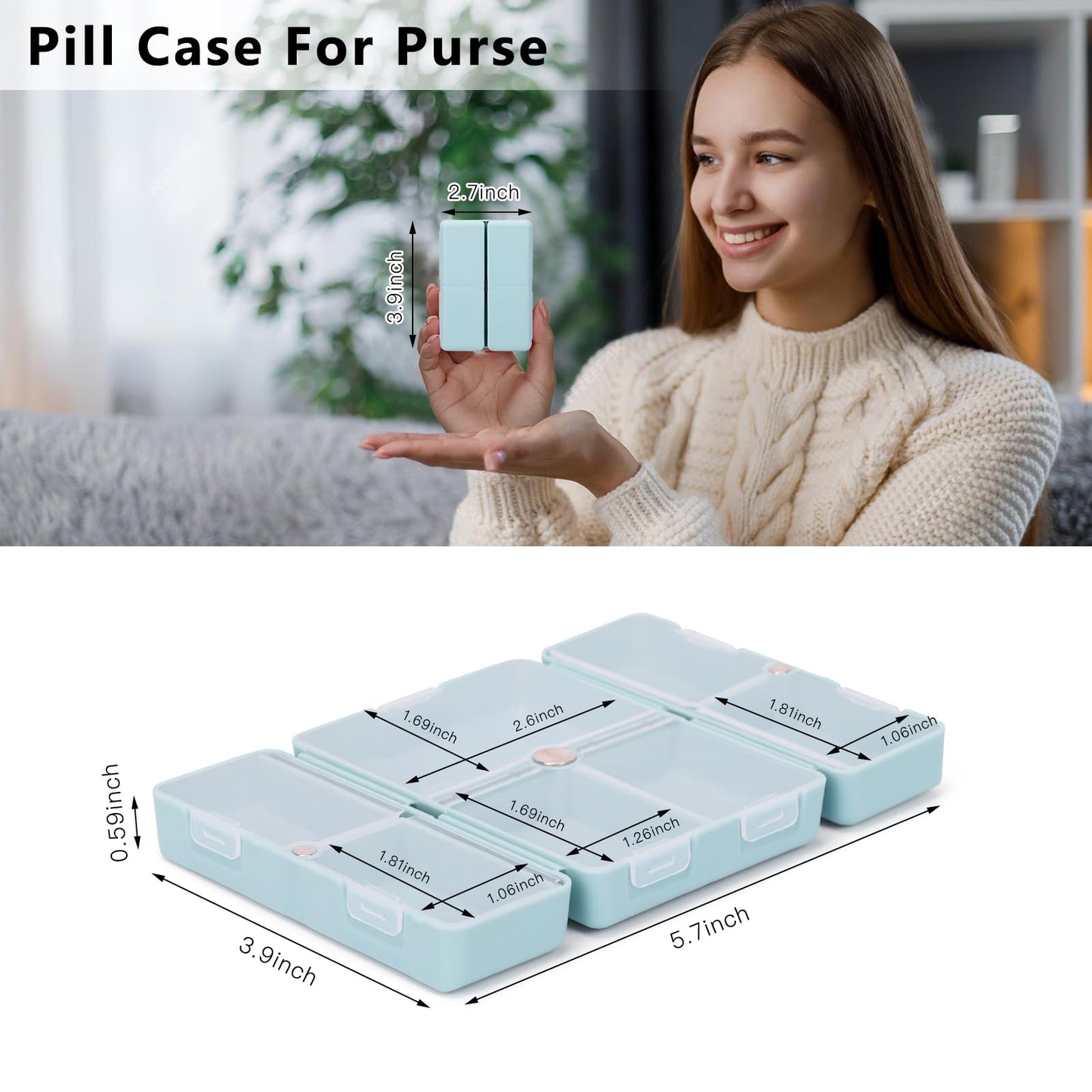 FYY Daily Pill Organizer,2 Pcs 7 Compartments Portable Pill Case Travel Pill Organizer,[Folding Design] Pill Box for Purse Pocket to Hold Vitamins,Cod Liver Oil,Supplements and Medication-Blue