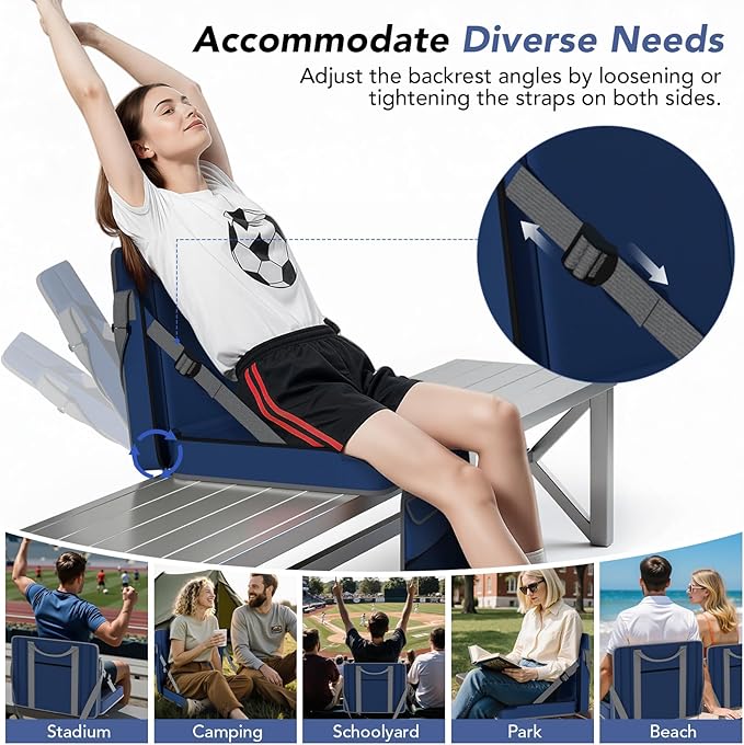 janiry Stadium Seats with Back Support 2PACKS Adjustable Bleacher Chairs with Back and Cushion Bleacher Seat with Cup Holder, Carry Handle & Shoulder Strap for Outdoor Sports Events, Picnics, Beaches