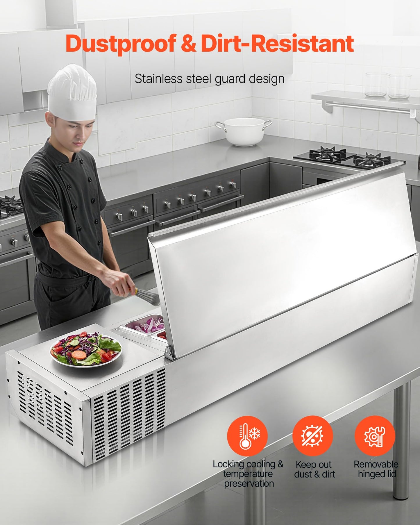 VEVOR Refrigerated Condiment Prep Station, 140 W Countertop Refrigerated Condiment Station, with Five 1/3 Pans & Four 1/6 Pans, 304 Stainless Body and PC Lid, Sandwich Prep Table with Stainless Guard