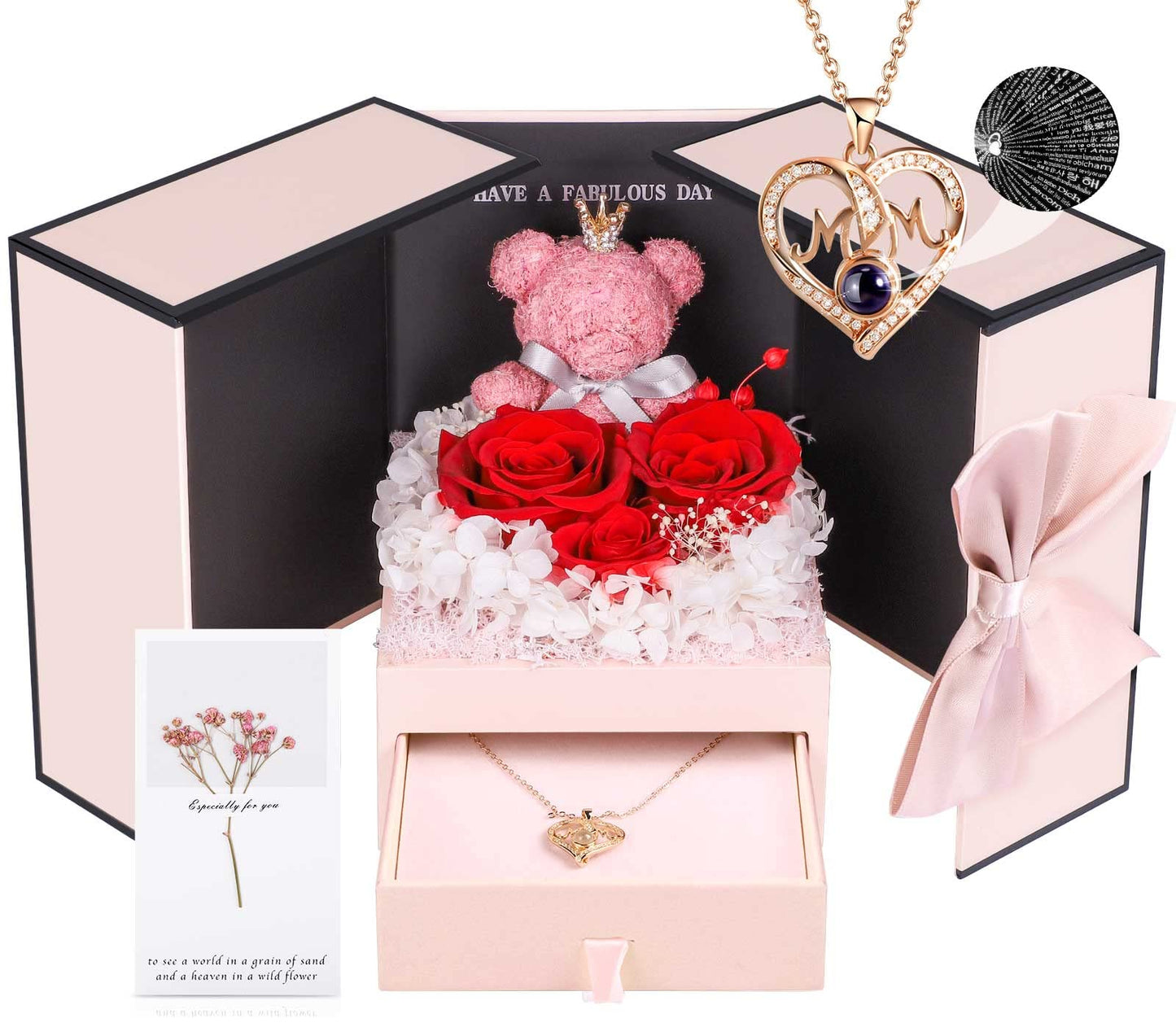 ADDWel Birthday Gifts for Mom from Daughter and Son, Unique Mother Birthday Gift Idea, Preserved Real Roses with I Love You in 100 Languages Mom Necklace, Cool Present to Mother Mama