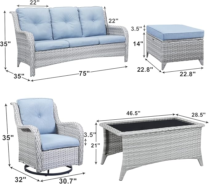 Patio Furniture Swivel Chairs Set - 8 Piece Wicker Rattan Outdoor Sectional Conversation Sets with 4 Swivel Rocking Chairs,2 Ottomans,1 Sofa and 1 Coffee Table for Porch Deck(Light Grey/Sky Blue)